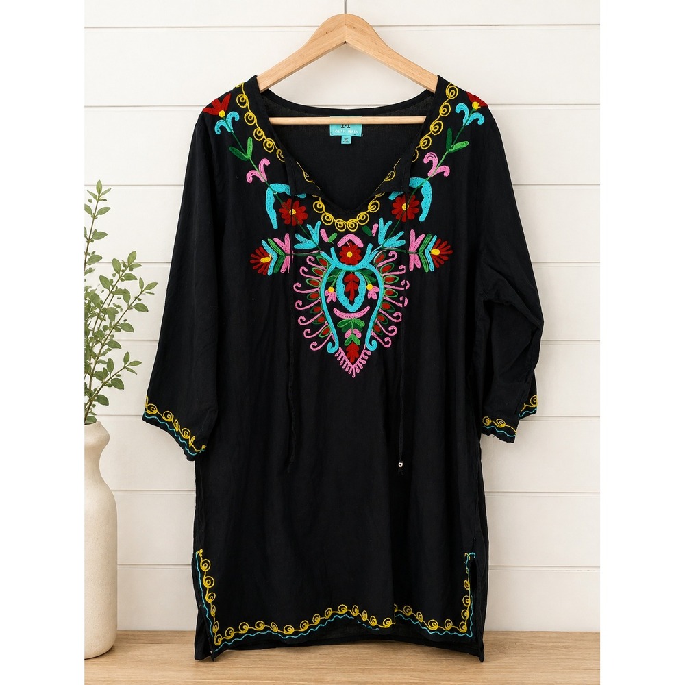 South Main Tunic Women XL Black Embroidered Boho V-Neck Tie 3/4 Sleeve